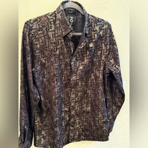Fried Denim Black & Gold Men’s Patterned NYC Men M Long Sleeved Button up Shirt